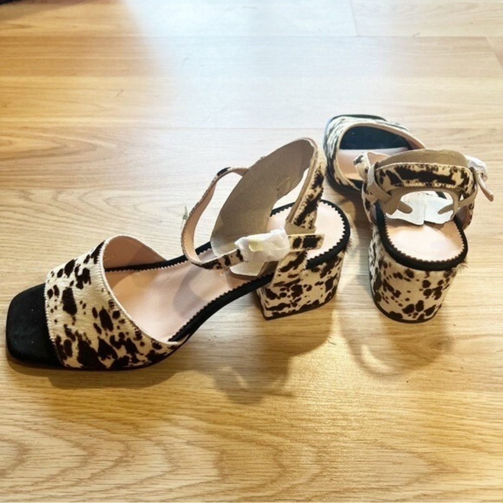 J.Crew Cow Print Calf Hair Block Heel Sandals Square Toe Brown White Womens 8 - Picture 6 of 11